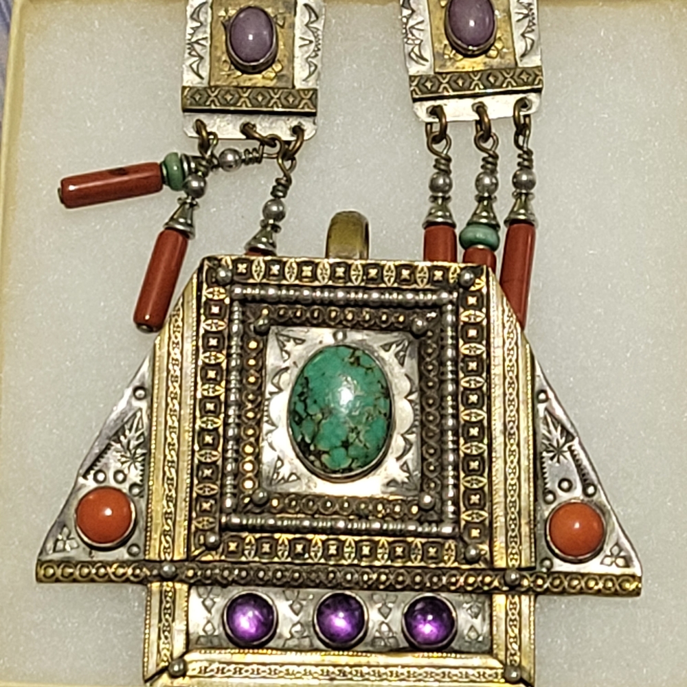 Vintage Tribal Multicolor Statement Pendant And Earrings In Sterling Silver